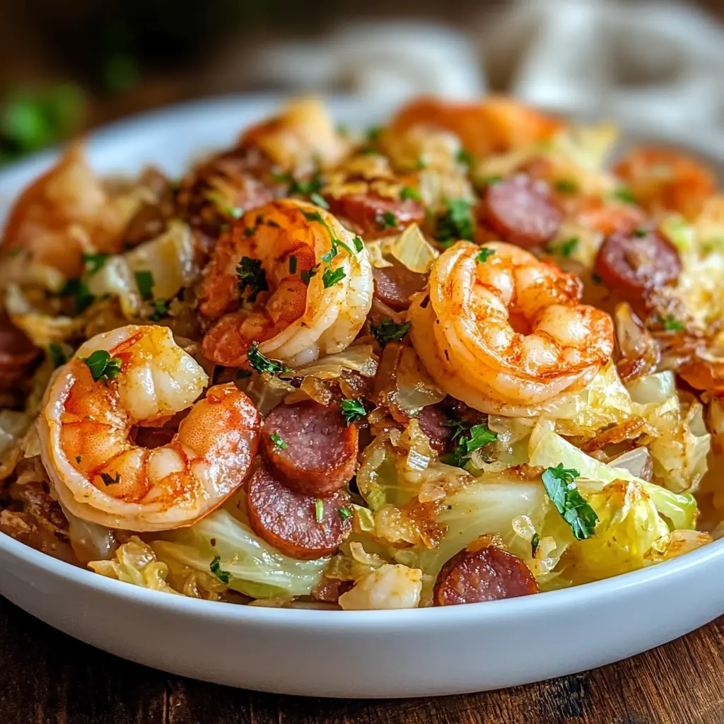 Ingredients for fried cabbage with shrimp and sausage, neatly arranged