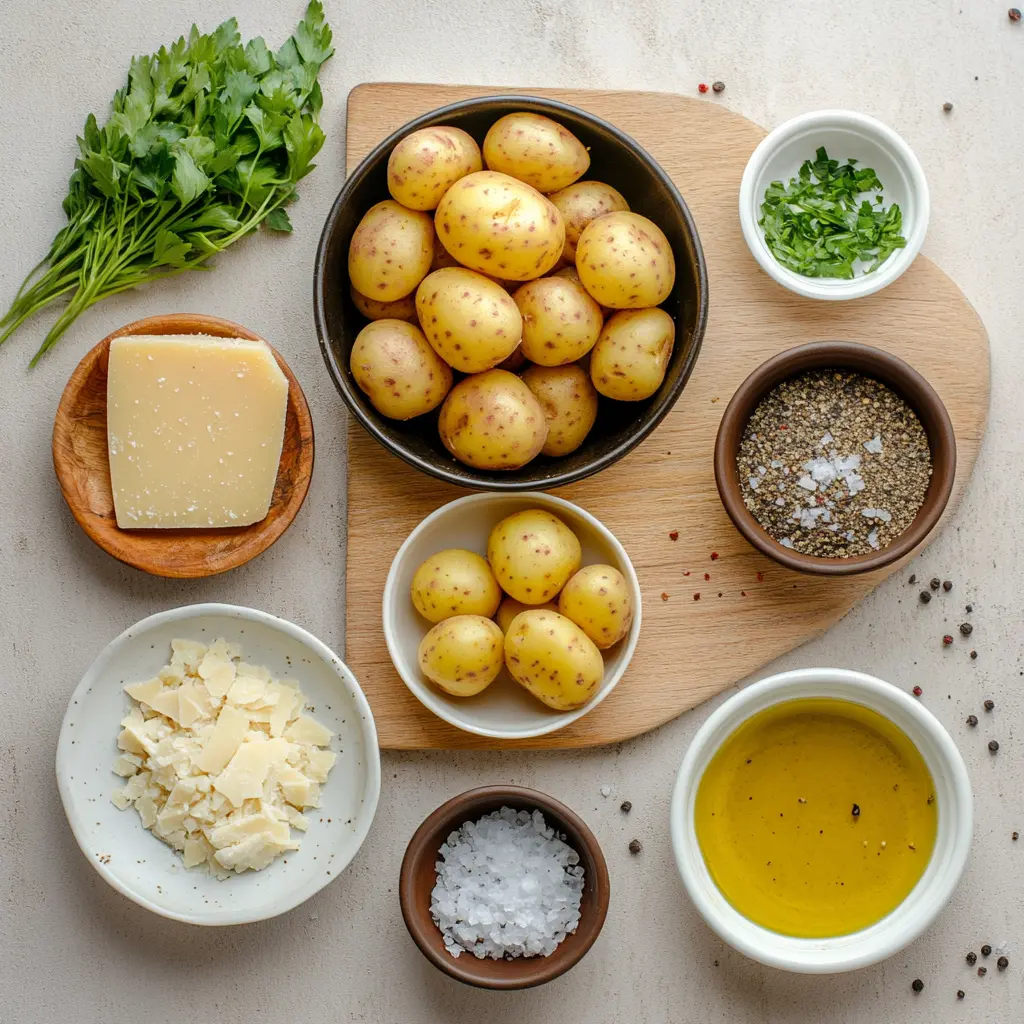 GARLIC PARMESAN CROCKPOT CHICKEN AND POTATOES centered hero view, clean and uncluttered