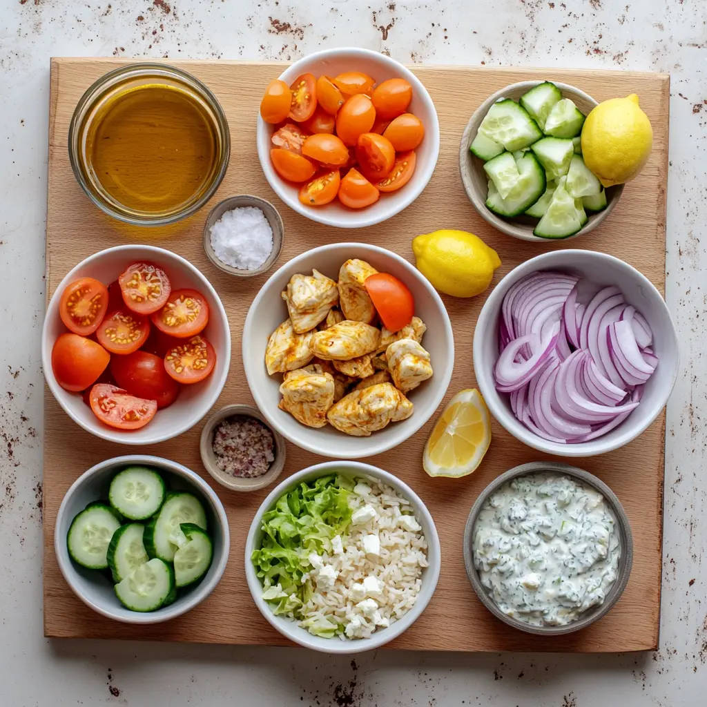 GREEK CHICKEN BOWLS centered hero view, clean and uncluttered