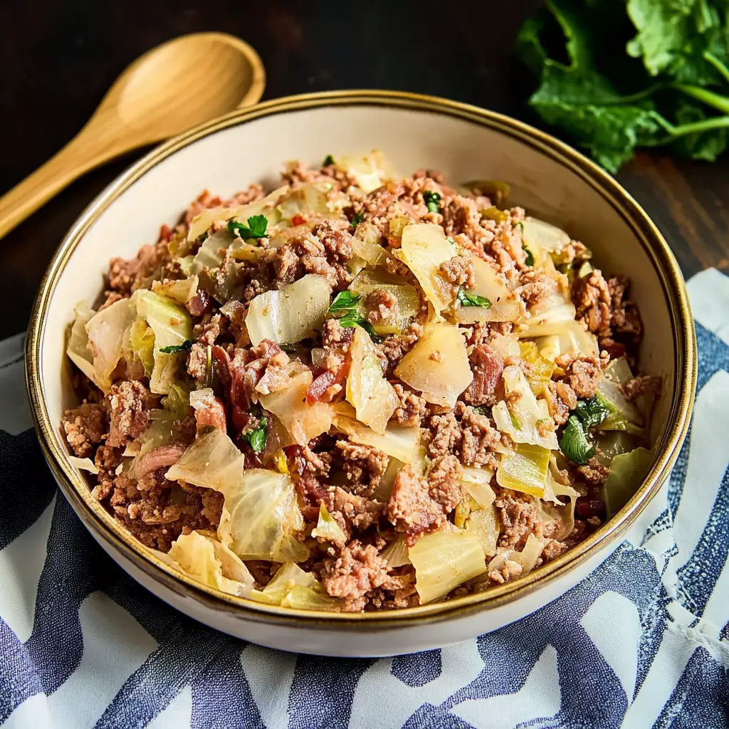 Ground beef and cabbage ingredients arranged neatly