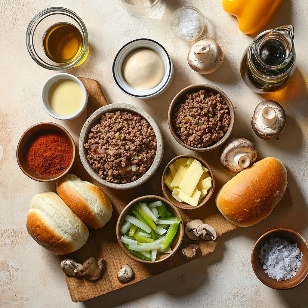 Ground beef Philly cheesesteaks ingredients, neatly arranged