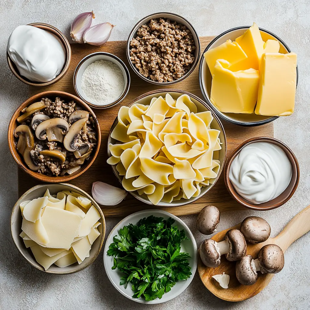How to Make Ground Beef Stroganoff on a Budget 6 GROUND BEEF STROGANOFF centered hero view, clean and uncluttered