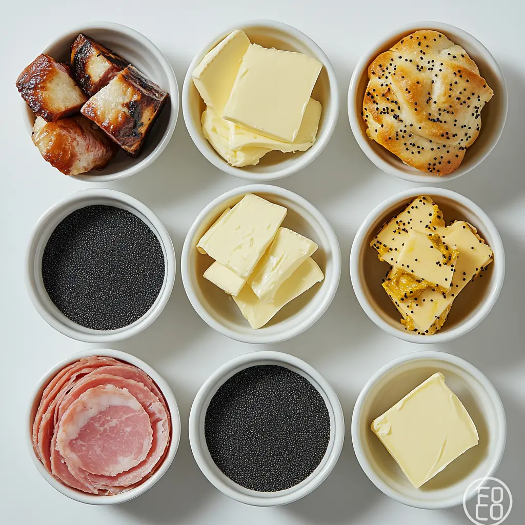 A close-up, centered hero view of buttery Ham and Havarti Cheese Sliders, golden brown and garnished with poppy seeds.