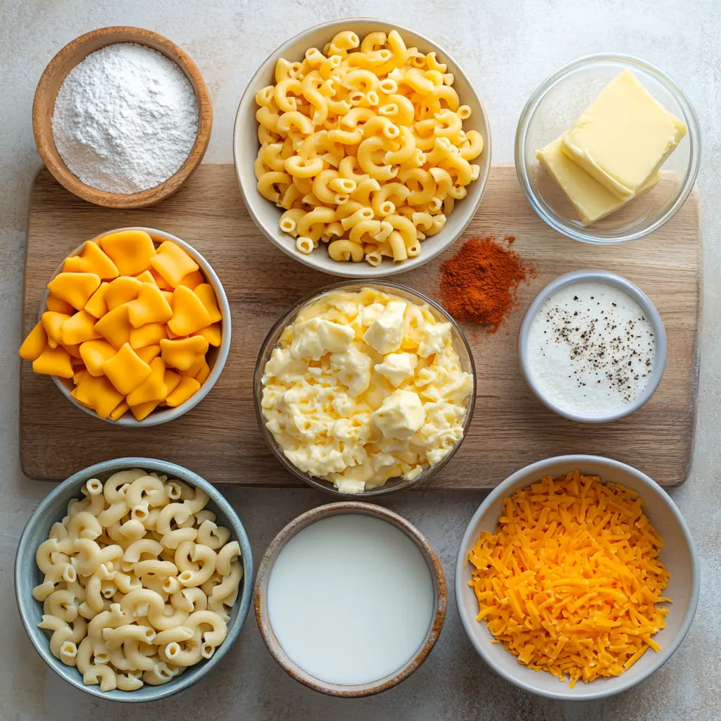 Ingredients for homemade mac and cheese, neatly arranged on a clean surface