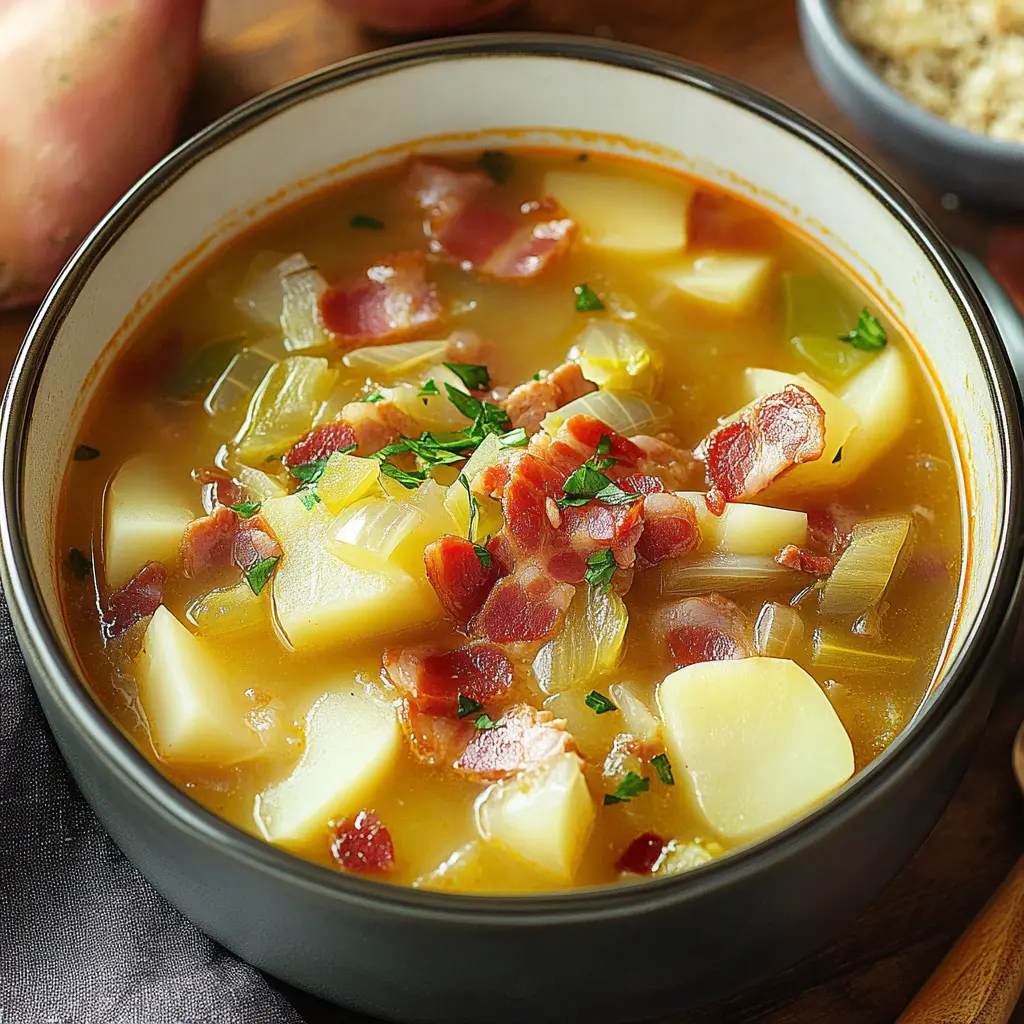 Ingredients for Irish Bacon Cabbage and Potato Soup arranged neatly