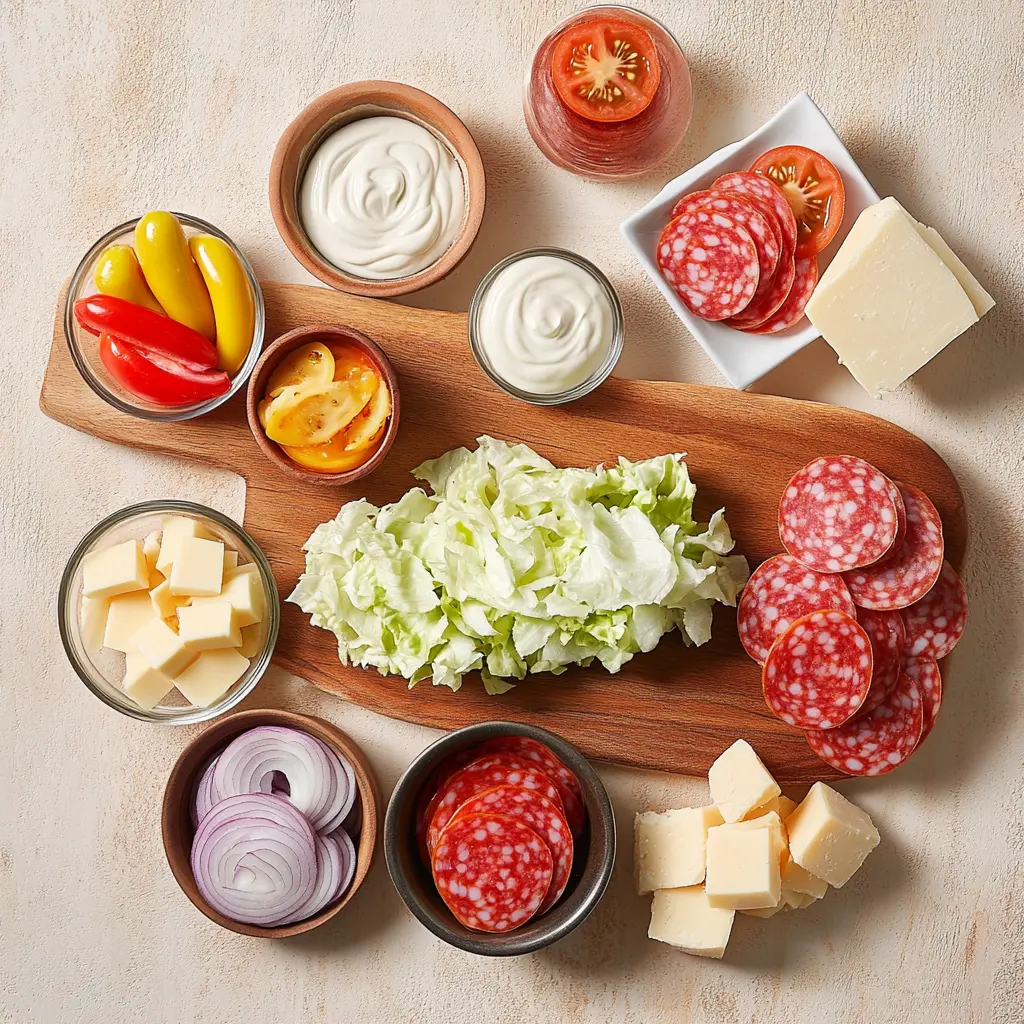 Italian Grinder Salad Sandwich with ingredients neatly arranged