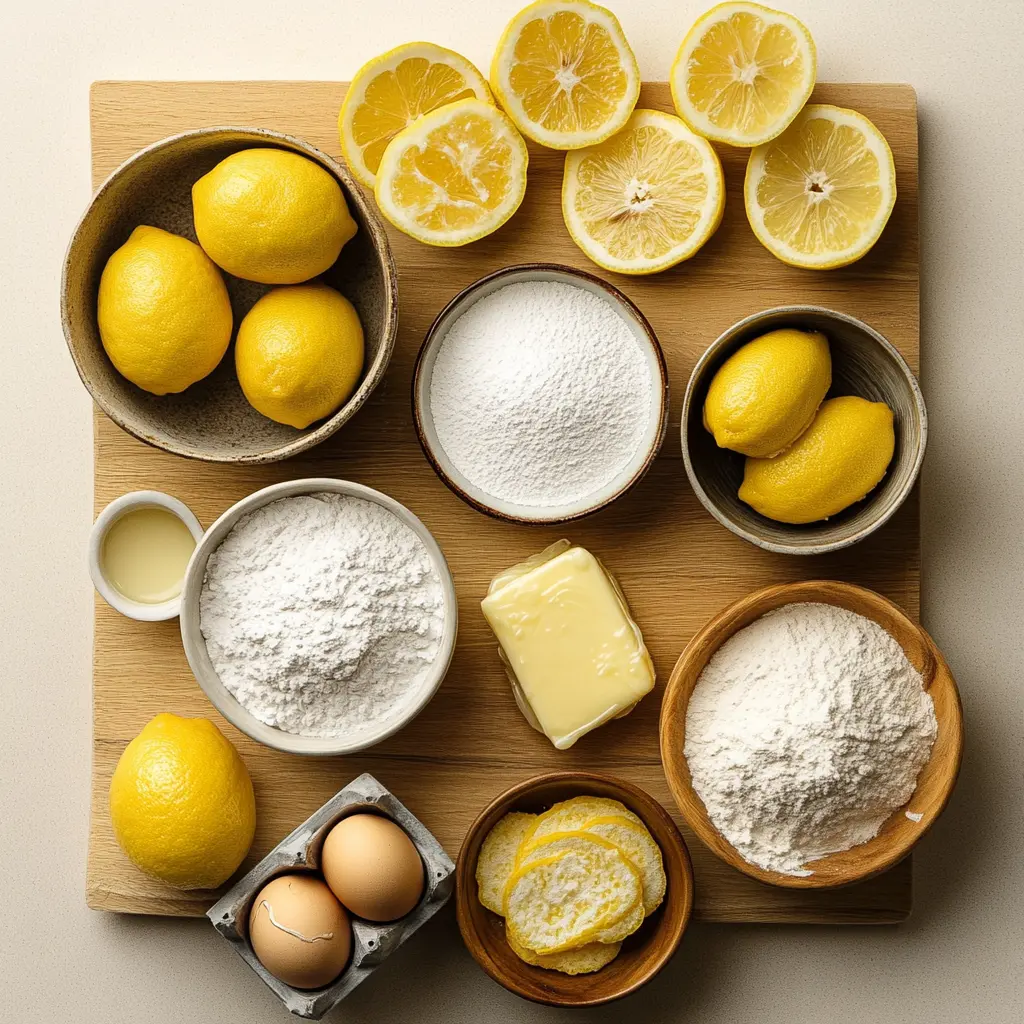 Lemon cookies ingredients arranged neatly on a kitchen countertop