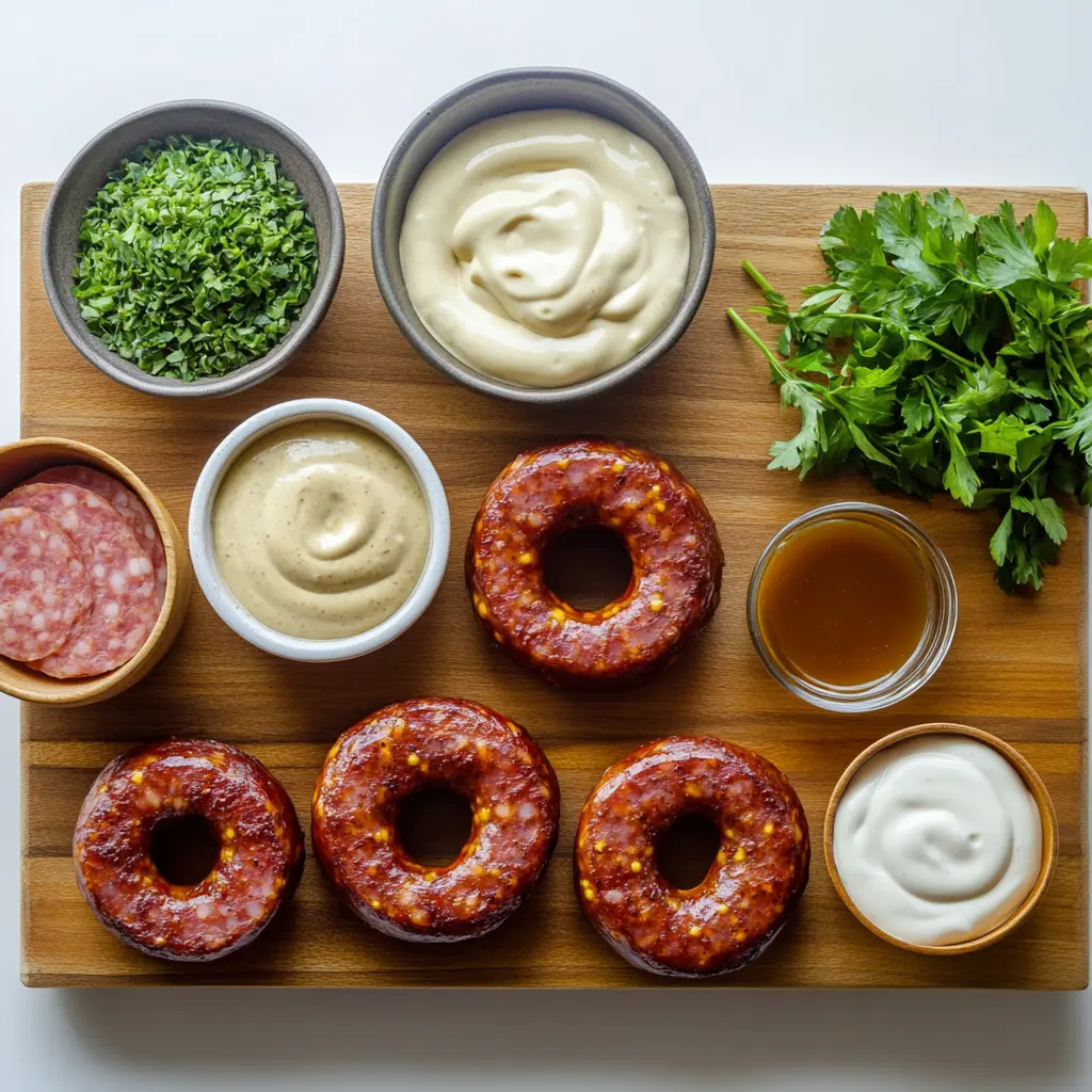 MUSTARD HASSELBACK KIELBASA BITES centered hero view, clean and uncluttered