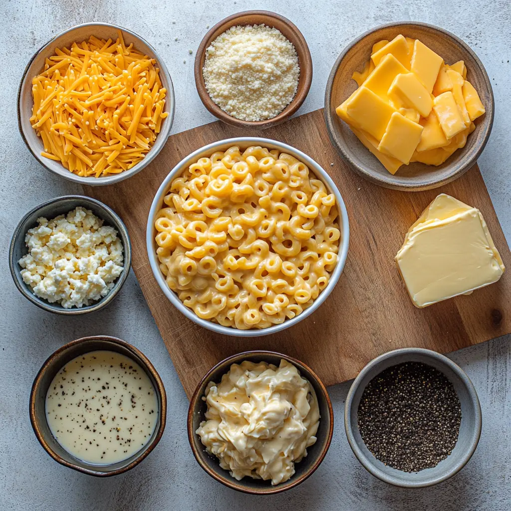 Irresistible Old Fashioned Soul Food Mac and Cheese 6 Old fashioned soul food baked mac and cheese ingredients neatly arranged