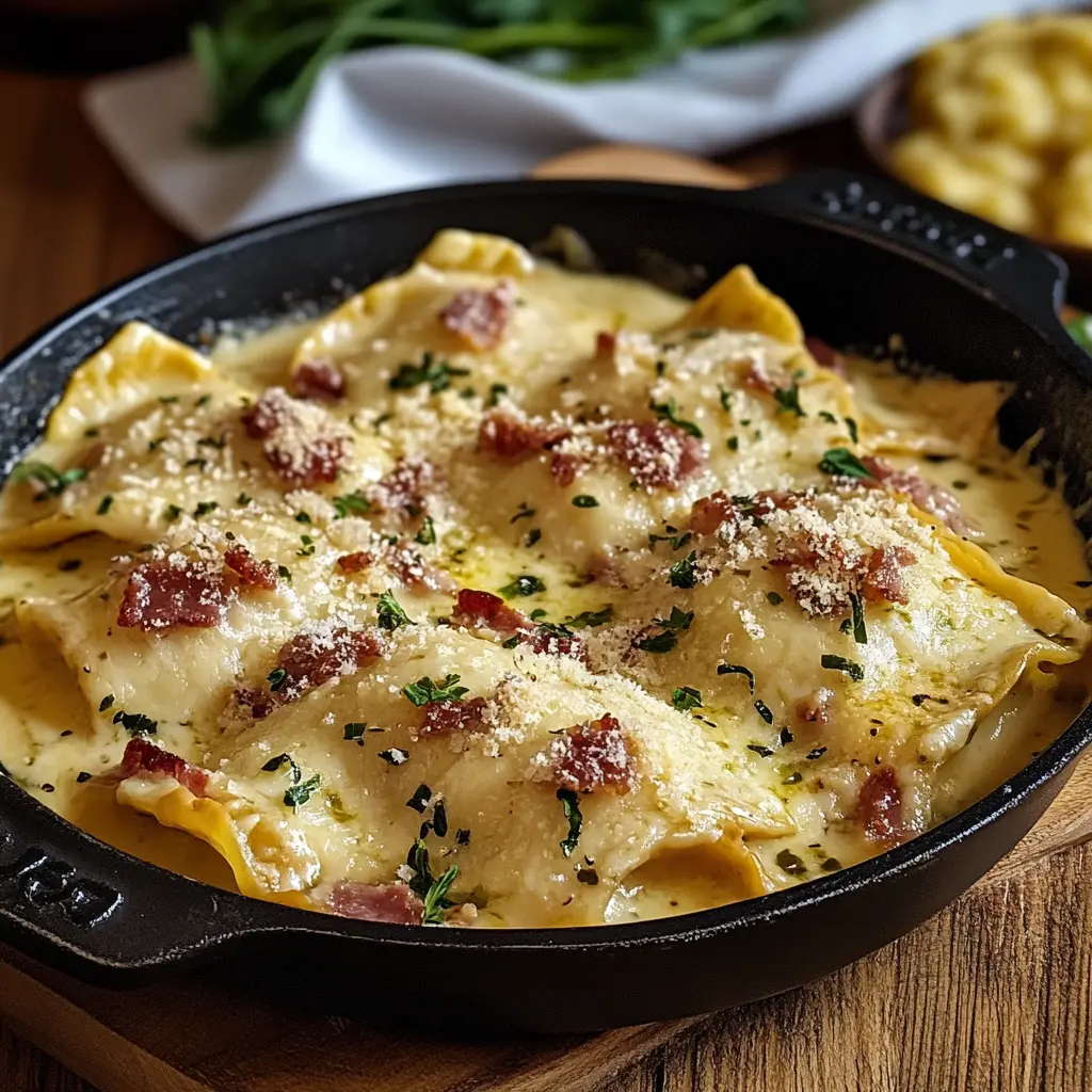 Olive Garden inspired ravioli carbonara with ingredients neatly arranged