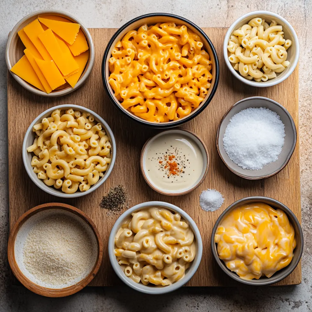 How to Make One Pot Creamy Mac and Cheese Now 6 Ingredients for One Pot Creamy Mac and Cheese arranged neatly on a clean surface