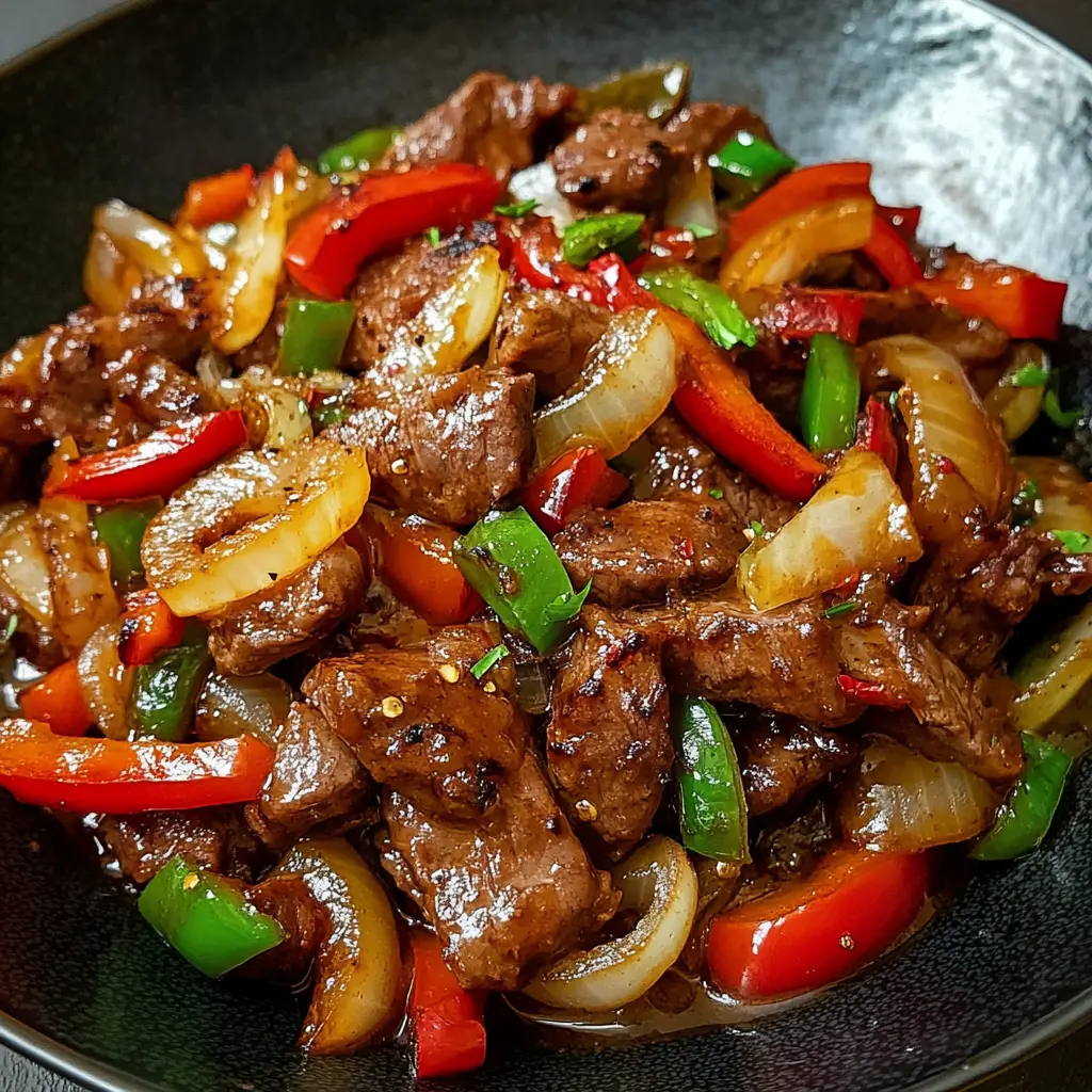 Ingredients for Pepper Steak with Bell Peppers and Onion displayed neatly
