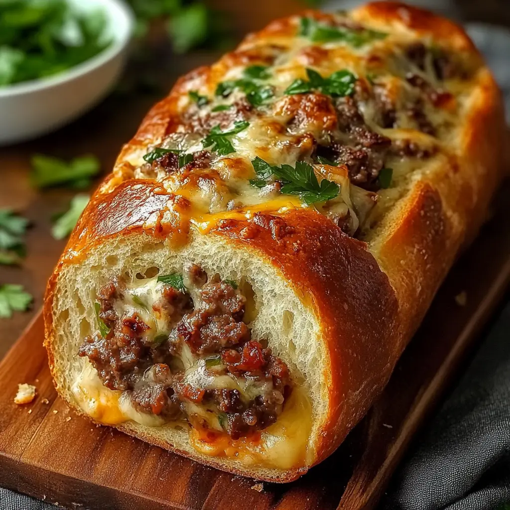 PHILLY CHEESESTEAK STUFFED GARLIC BREAD LOAF centered hero view, clean and uncluttered