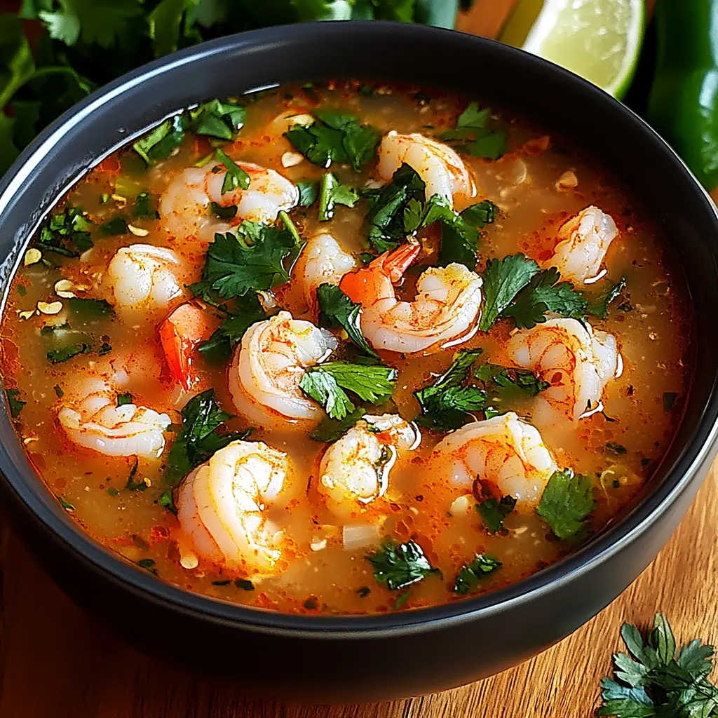 Quick and spicy shrimp soup ingredients arranged neatly