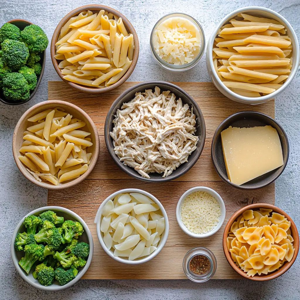ROTISSERIE CHICKEN BROCCOLI PASTA centered hero view, clean and uncluttered
