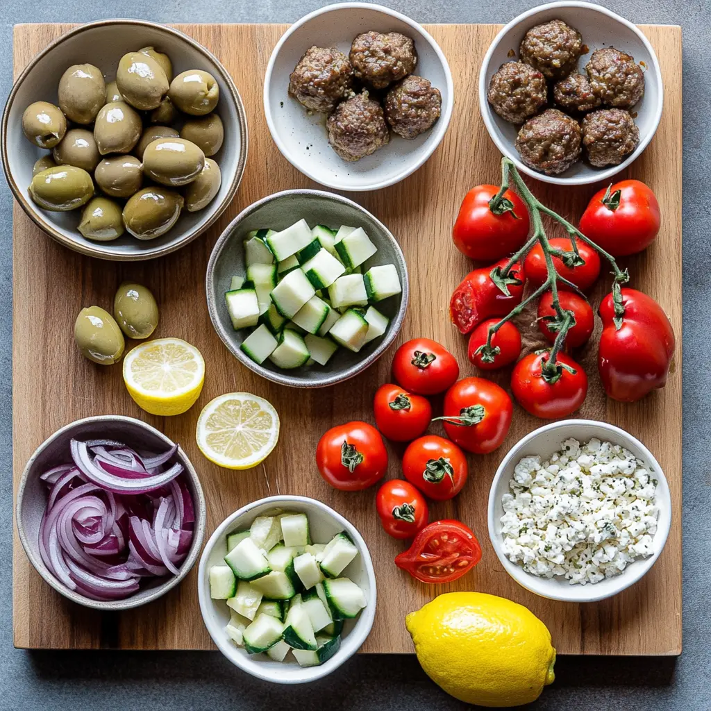 Easy Sheet Pan Greek Meatballs for a Cozy Dinner 6 SHEET PAN GREEK MEATBALLS AND VEGETABLES centered hero view, clean and uncluttered