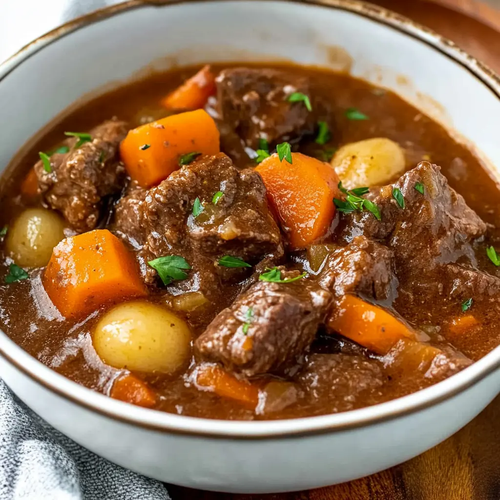 Ingredients for slow cooker beef stew arranged neatly on a clean surface