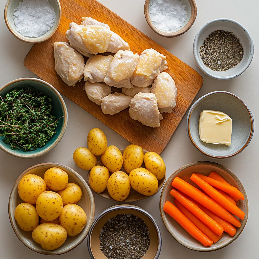 SLOW COOKER BUTTER CHICKEN AND VEGGIES centered hero view, clean and uncluttered