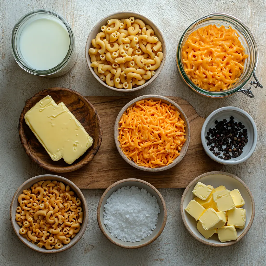 Easy Southern Mac and Cheese Baked Comfort Food 6 Ingredients for Southern Mac and Cheese Baked displayed neatly on counter