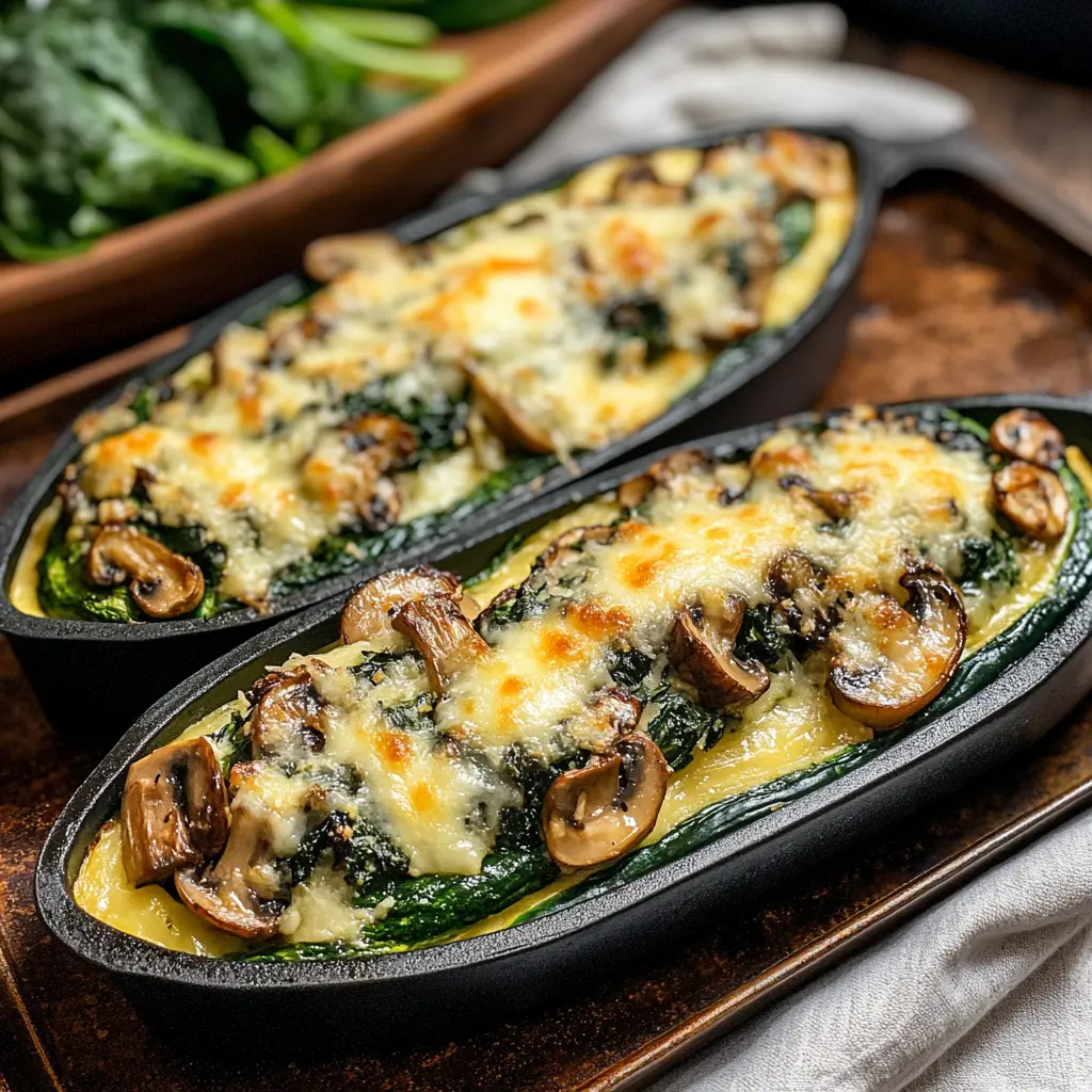Ingredients for Spinach Mushroom and Ricotta Stuffed Zucchini Boats, neatly arranged on a kitchen counter