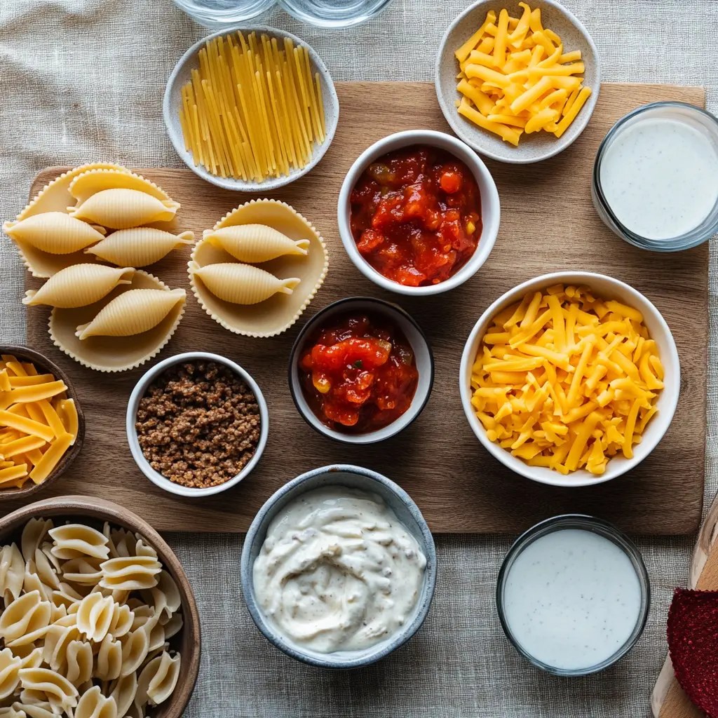 TACO PASTA CASSEROLE centered hero view, clean and uncluttered