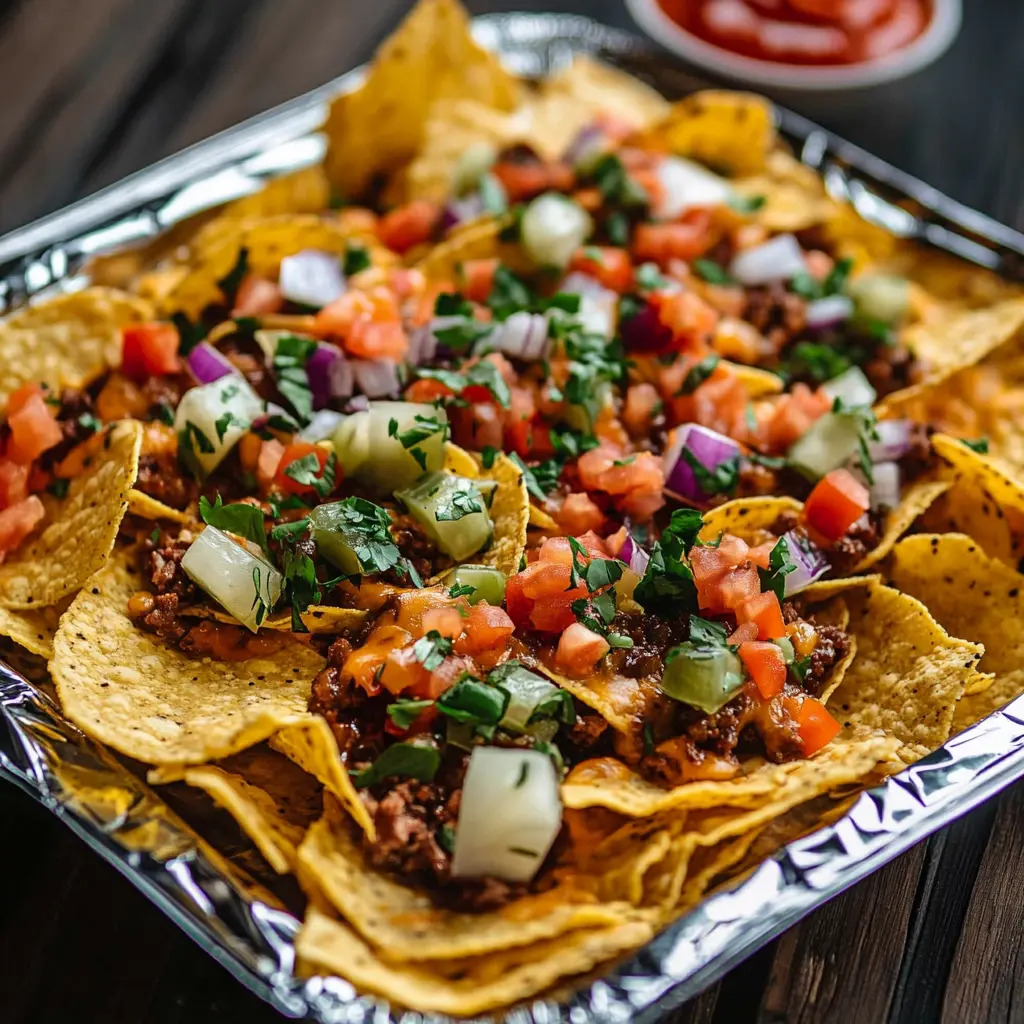 Tin foil packet nachos arranged with ingredients, clean and uncluttered