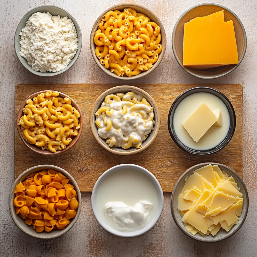 Enjoy Ultra Creamy One Pot Mac and Cheese Now 6 Ingredients for Ultra Creamy One Pot Mac and Cheese laid out neatly