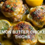 LEMON BUTTER CHICKEN THIGHS centered hero view, clean and uncluttered