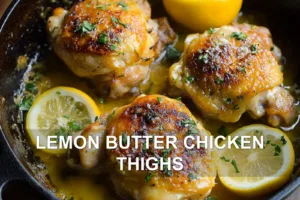 LEMON BUTTER CHICKEN THIGHS centered hero view, clean and uncluttered