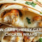 LOW CARB CHEESY GARLIC CHICKEN WRAPS centered hero view, clean and uncluttered