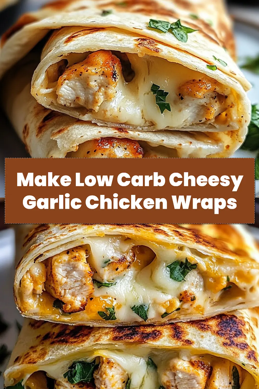 Low Carb Cheesy Garlic Chicken Wraps arranged on a plate, showcasing the melted cheese and fresh parsley garnish