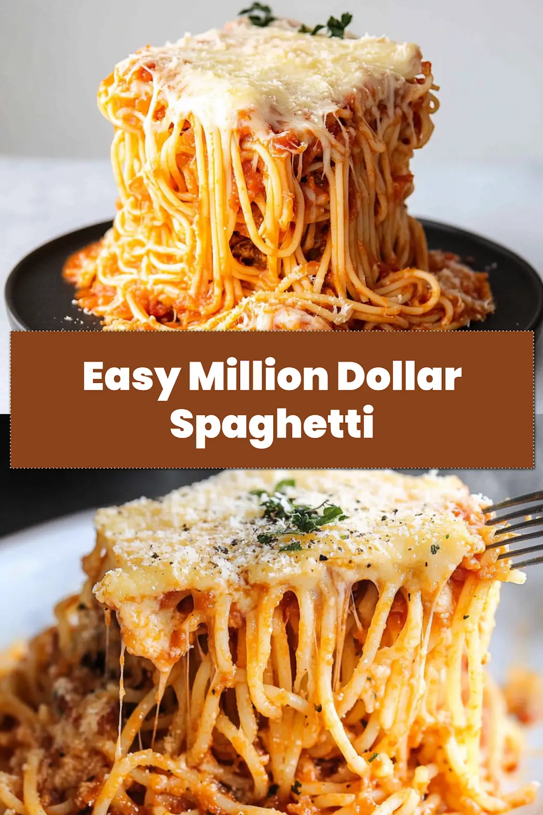 Baked Million Dollar Spaghetti served in a casserole dish, golden and bubbly