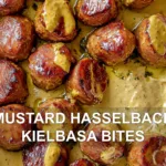 MUSTARD HASSELBACK KIELBASA BITES centered hero view, clean and uncluttered