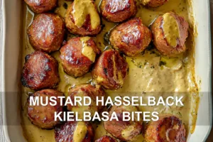 MUSTARD HASSELBACK KIELBASA BITES centered hero view, clean and uncluttered
