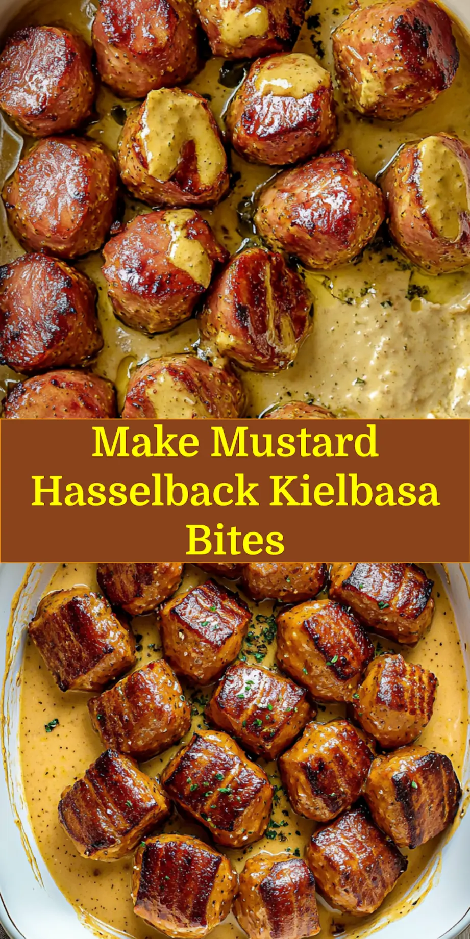 MUSTARD HASSELBACK KIELBASA BITES centered hero view, clean and uncluttered_pin