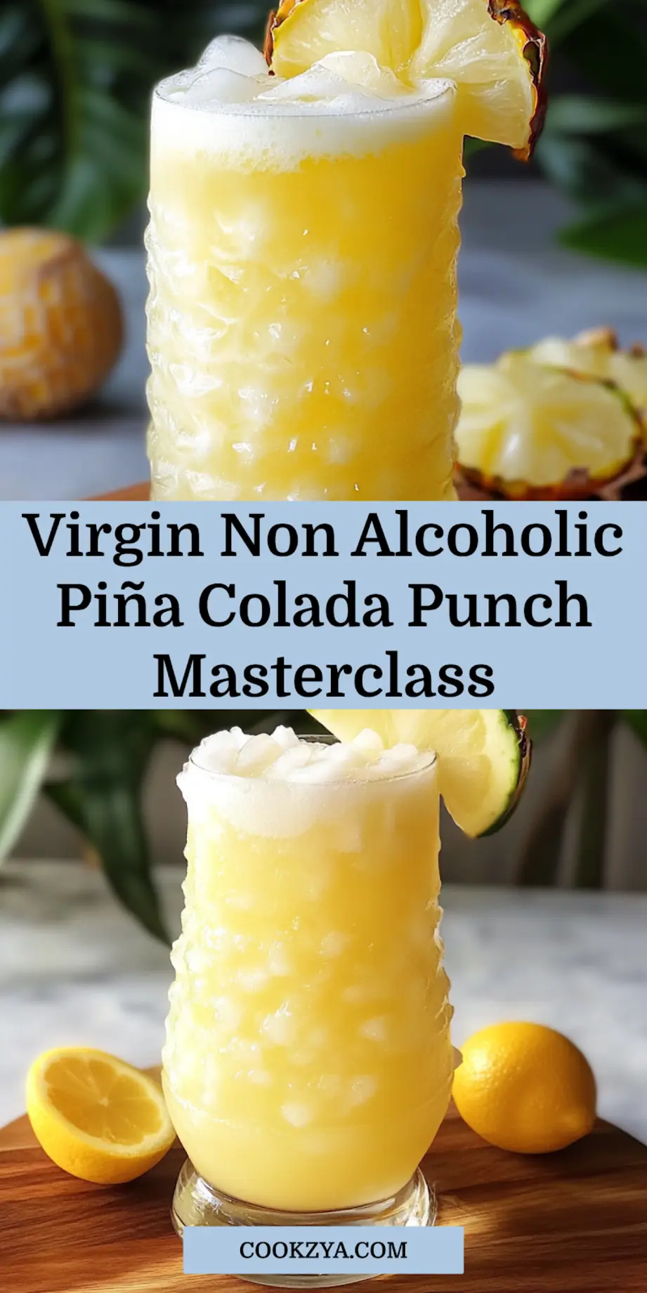 Non alcoholic piña colada punch served in a glass with festive garnish