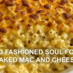 OLD FASHIONED SOUL FOOD BAKED MAC AND CHEESE centered hero view, clean and uncluttered