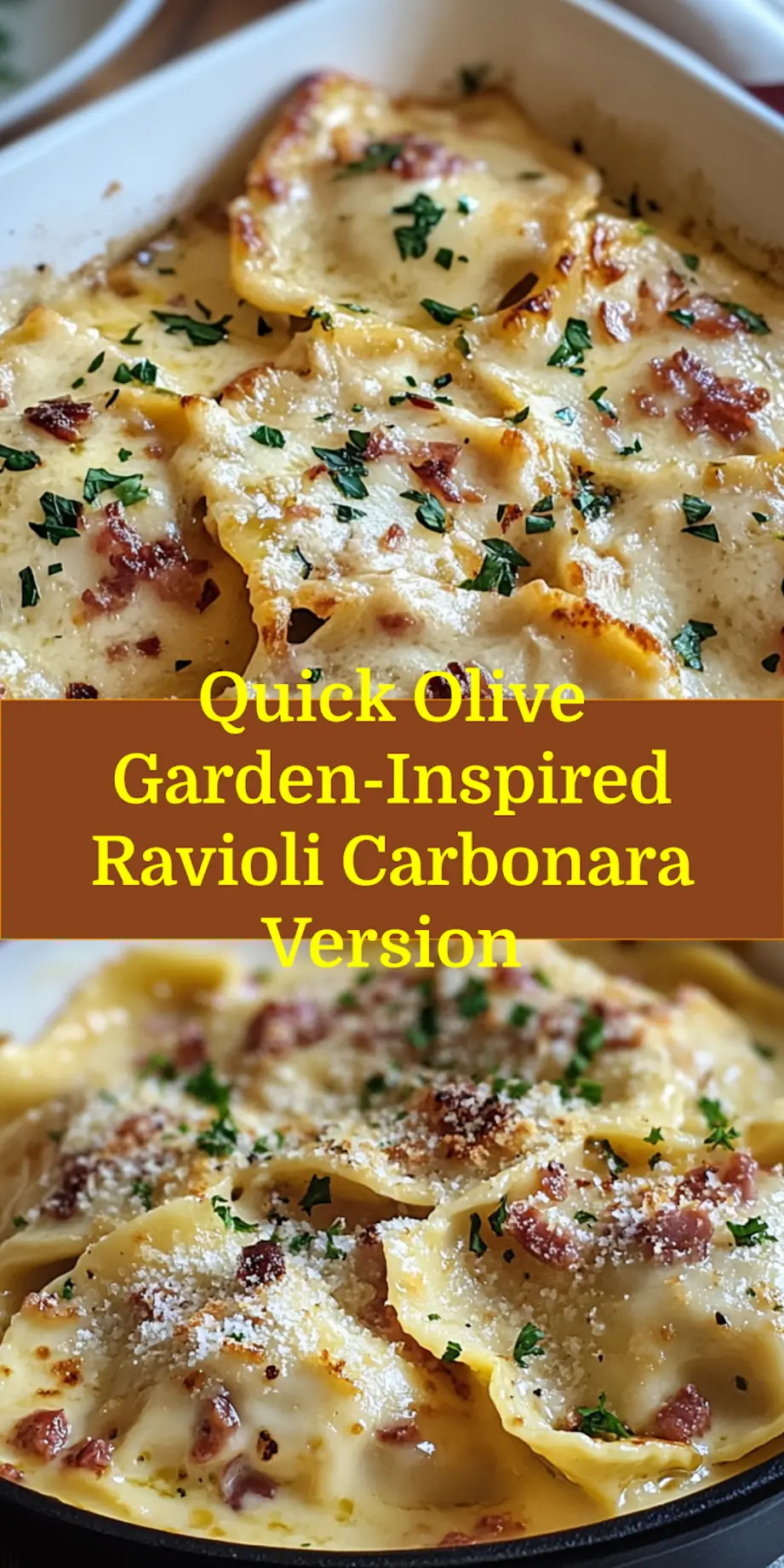 Olive Garden inspired ravioli carbonara plated and ready to serve