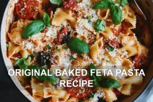 ORIGINAL BAKED FETA PASTA RECIPE centered hero view, clean and uncluttered