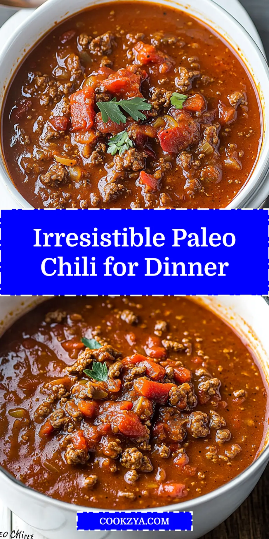 Close-up of Paleo Chili plated and ready to serve