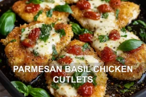 How to Make Parmesan-Basil Chicken Cutlets Quickly PARMESAN BASIL CHICKEN CUTLETS centered hero view, clean and uncluttered