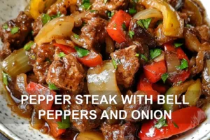 Easy and Delicious Pepper Steak with Bell Peppers PEPPER STEAK WITH BELL PEPPERS AND ONION centered hero view, clean and uncluttered