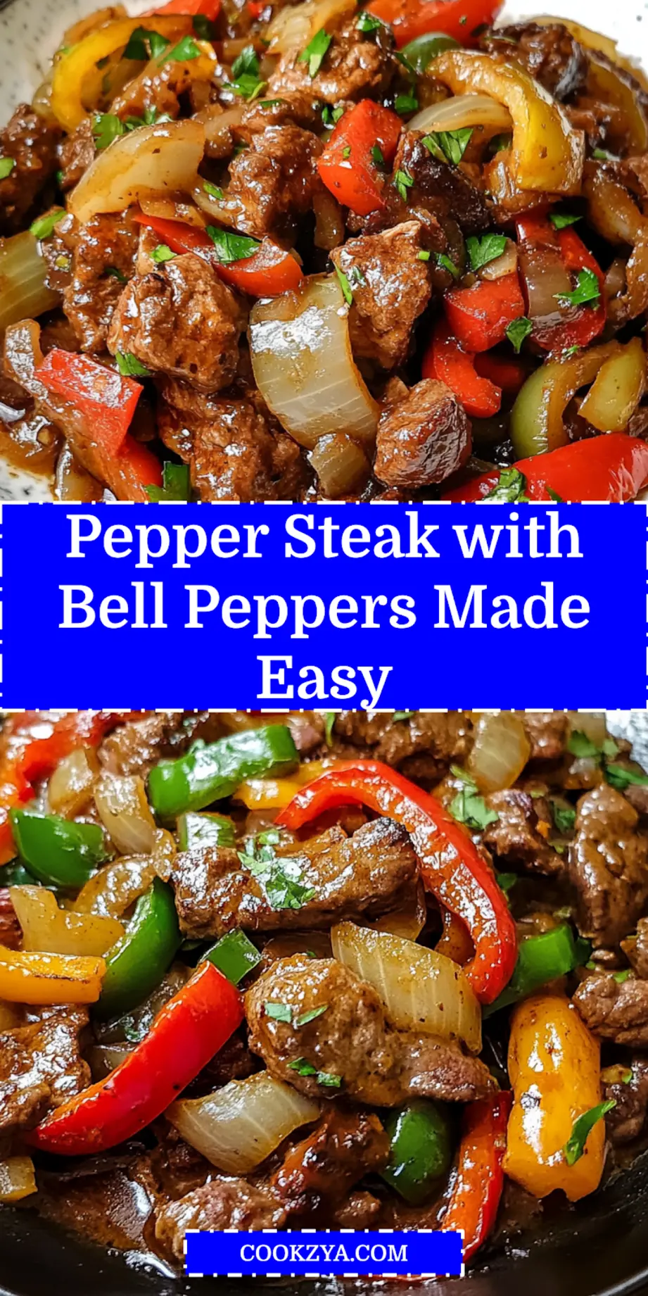Cooked pepper steak with bell peppers and onions plated elegantly