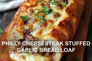 PHILLY CHEESESTEAK STUFFED GARLIC BREAD LOAF centered hero view, clean and uncluttered