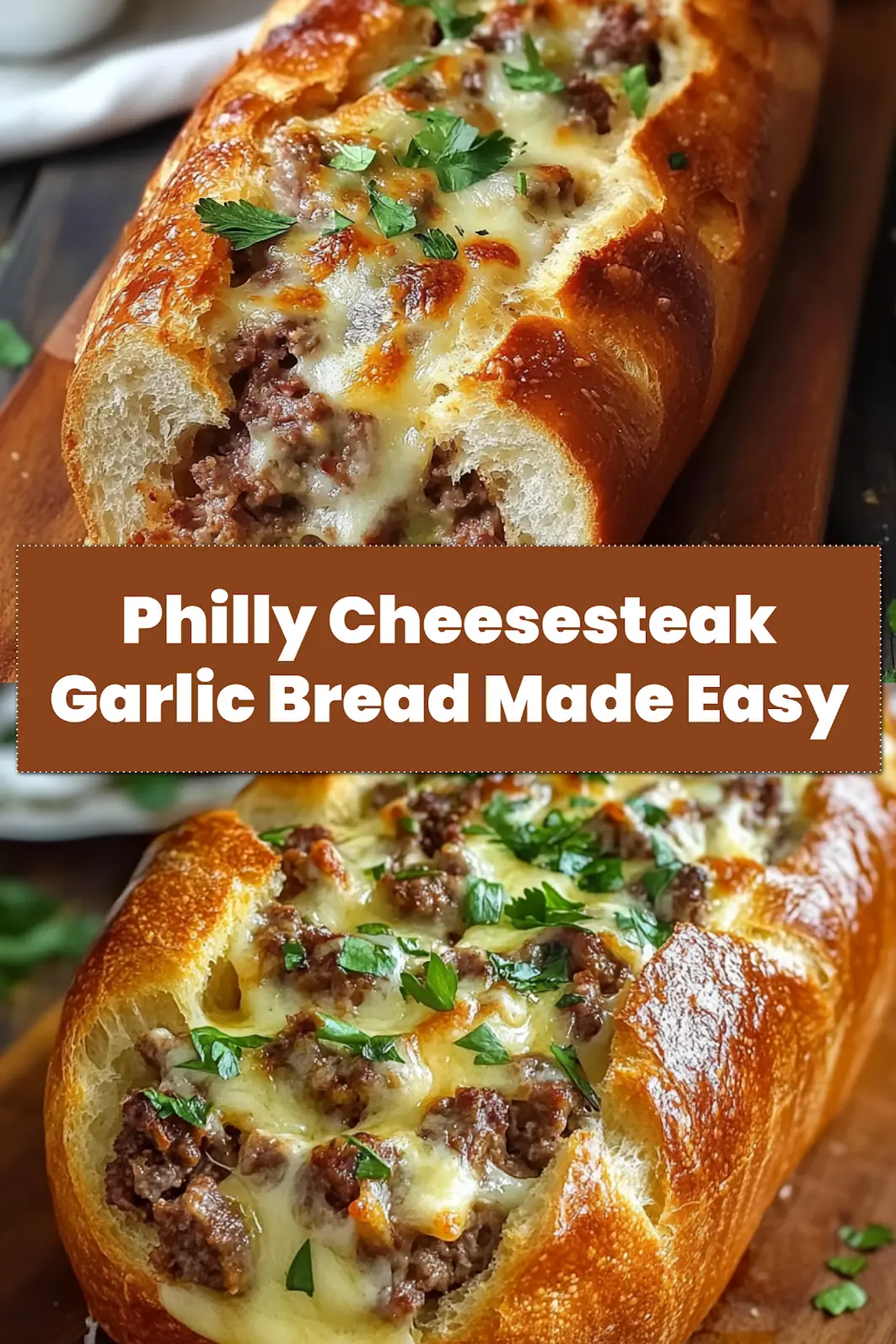 PHILLY CHEESESTEAK STUFFED GARLIC BREAD LOAF centered hero view, clean and uncluttered_pin