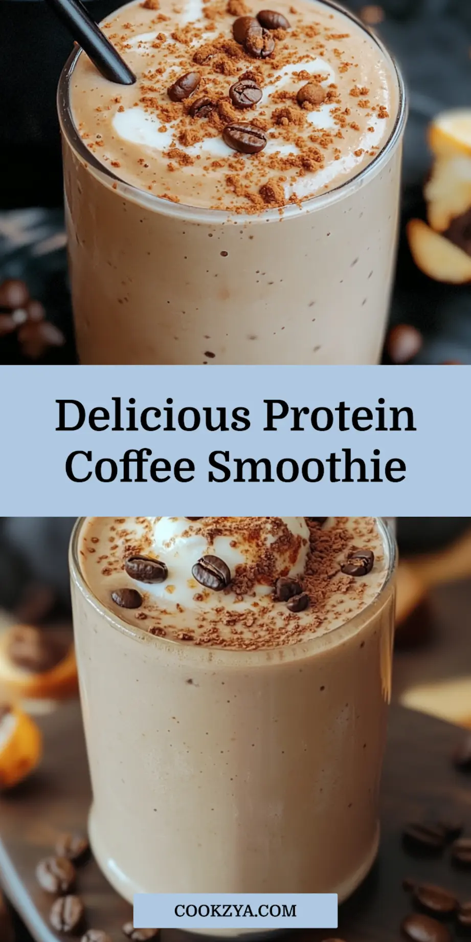 Delicious protein coffee smoothie ready to drink in a glass, clean presentation