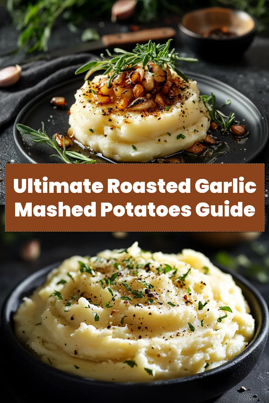 Irresistible Roasted Garlic Mashed Potatoes Recipe 7 ROASTED GARLIC MASHED POTATOES centered hero view, clean and uncluttered_pin