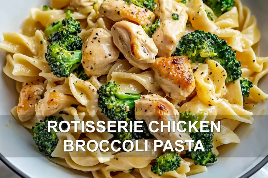 ROTISSERIE CHICKEN BROCCOLI PASTA centered hero view, clean and uncluttered