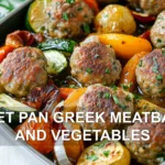 SHEET PAN GREEK MEATBALLS AND VEGETABLES centered hero view, clean and uncluttered