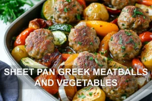 SHEET PAN GREEK MEATBALLS AND VEGETABLES centered hero view, clean and uncluttered